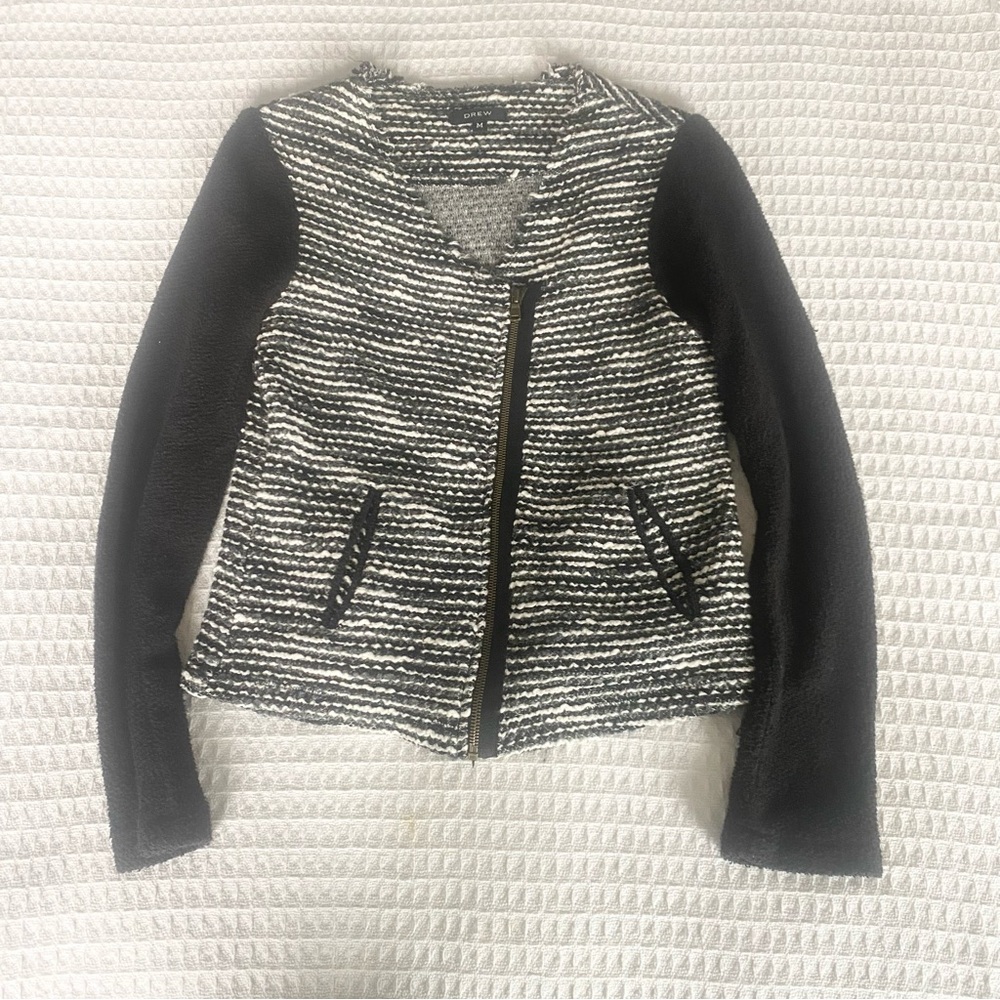 DREW black and white tweed zip up moto jacket size Medium